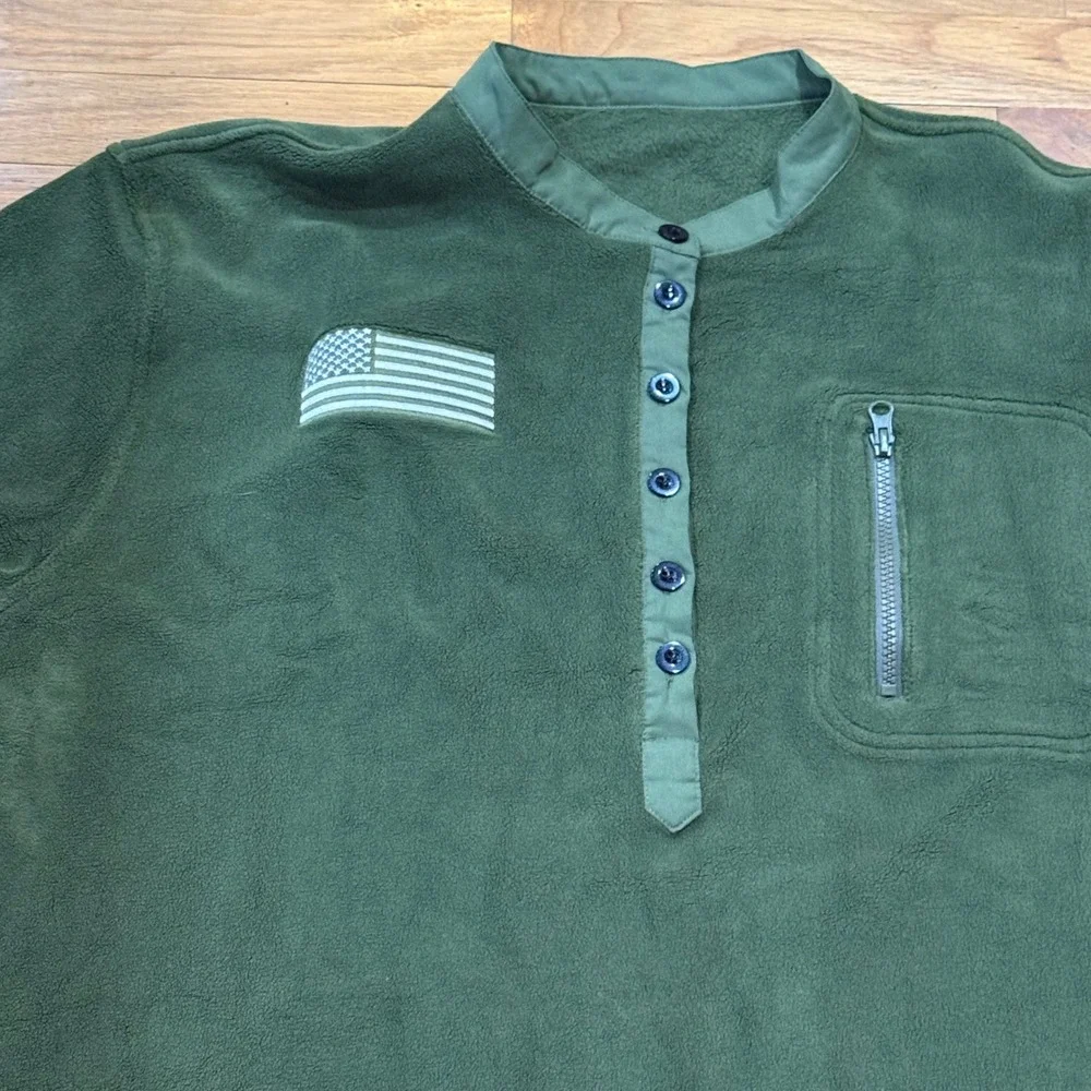Mens Military Forest Green Fleece Henley‎ Pullover American Flag Patch 3XL